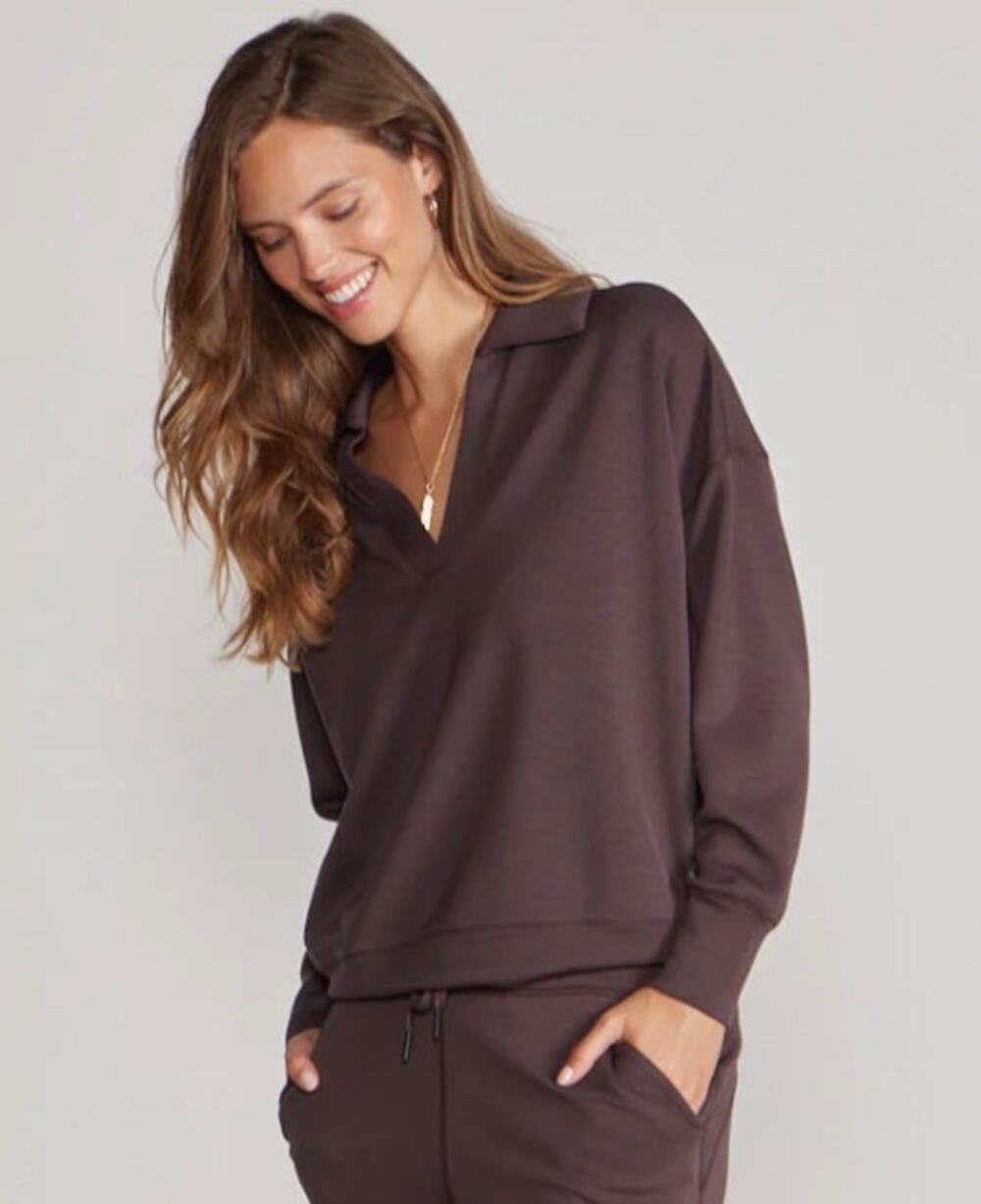 BYLT Women's Opal Relaxed Polo V Neck Pullover Fawn Burgundy Relax Women's XL